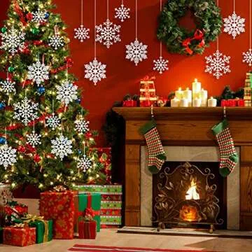 Whaline 40Pcs White Glitter Snowflake Winter Snowflake Ornaments Christmas Hanging Decorations with 197 Inches Silver Rope for Wedding Birthday Home Xmas Tree Window Door Accessories