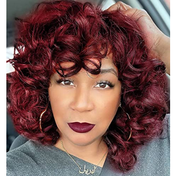 KEAT Wigs for Black Women 14" Short Curly Kinky Red Wig with Bangs Burgundy Big Curly Afro Wigs for ...