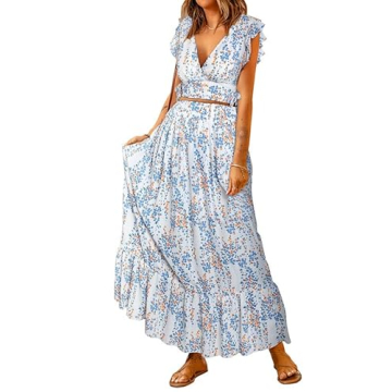 Dokotoo Womens Maxi Dress Casual Floral Printed Boho Dress Deep V Neck Ruffle Cap Sleeve 2 Piece Outfits for Women Tie Waist Chiffon Flowy Wedding Dresses Large White