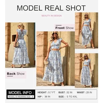 Dokotoo Womens Maxi Dress Casual Floral Printed Boho Dress Deep V Neck Ruffle Cap Sleeve 2 Piece Outfits for Women Tie Waist Chiffon Flowy Wedding Dresses Large White