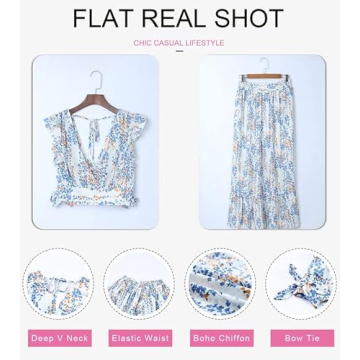 Dokotoo Womens Maxi Dress Casual Floral Printed Boho Dress Deep V Neck Ruffle Cap Sleeve 2 Piece Outfits for Women Tie Waist Chiffon Flowy Wedding Dresses Large White