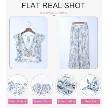 Dokotoo Womens Maxi Dress Casual Floral Printed Boho Dress Deep V Neck Ruffle Cap Sleeve 2 Piece Outfits for Women Tie Waist Chiffon Flowy Wedding Dresses Large White
