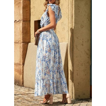 Dokotoo Womens Maxi Dress Casual Floral Printed Boho Dress Deep V Neck Ruffle Cap Sleeve 2 Piece Outfits for Women Tie Waist Chiffon Flowy Wedding Dresses Large White