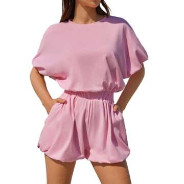 Tongmingyun Womens Summer Short Sleeve Rompers Casual Loose Crew Neck Elastic Waist Short Jumpsuits