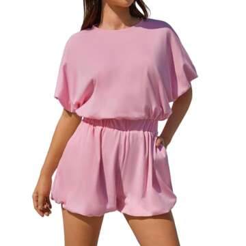 Tongmingyun Womens Summer Short Sleeve Rompers Casual Loose Crew Neck Elastic Waist Short Jumpsuits