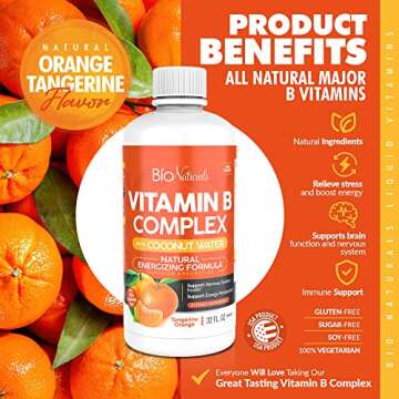 Bio Naturals Vitamin B Complex Liquid Supplement - 100% Natural Energy Boost with Vitamins B1 B2 B3 B5 B6 B12 & Organic Coconut Water for Stress, Mental Focus & Healthy Immune System - 32 fl oz