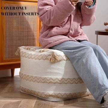 Blue Page Boho Neutral Pouf Cover for Home Decor