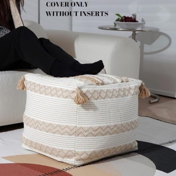 Blue Page Boho Neutral Pouf Cover for Home Decor