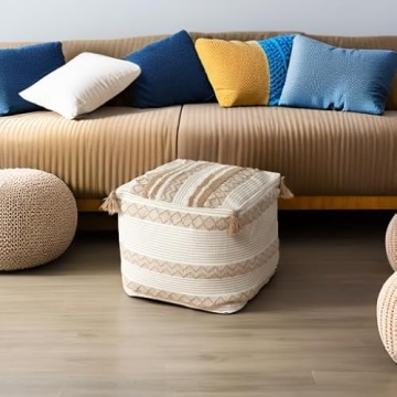 Blue Page Boho Neutral Pouf Cover for Home Decor