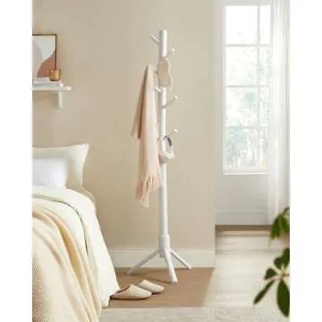 VASAGLE Solid Wood Coat Rack, Free Standing Coat Rack, Tree-Shaped Coat Rack with 8 Hooks, 3 Height Options, for Clothes, Hats, Bags, for Living Room, Bedroom, Home Office, White URCR04WT