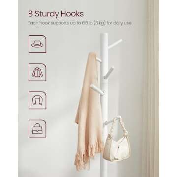 VASAGLE Solid Wood Coat Rack, Free Standing Coat Rack, Tree-Shaped Coat Rack with 8 Hooks, 3 Height Options, for Clothes, Hats, Bags, for Living Room, Bedroom, Home Office, White URCR04WT