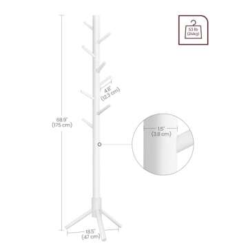 VASAGLE Solid Wood Coat Rack, Free Standing Coat Rack, Tree-Shaped Coat Rack with 8 Hooks, 3 Height Options, for Clothes, Hats, Bags, for Living Room, Bedroom, Home Office, White URCR04WT