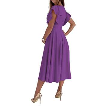LYANER Women's Deep V Neck Ruffle Short Sleeve Wrap Swing A Line Flared Cocktail Party Midi Dress Purple Medium