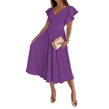 LYANER Women's Deep V Neck Ruffle Short Sleeve Wrap Swing A Line Flared Cocktail Party Midi Dress Purple Medium