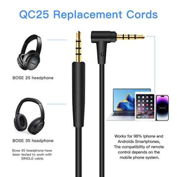 Headphones Replacement Audio Cable Cord for Bose QC25, QC35, QuietComfort 25, QuietComfort 35, OE2 & OE2i, 2.5mm to 3.5mm On-Ear Headphones Wire Inline Mic/Remote Control – Black