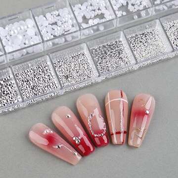 Dornail 1 Box/12 Grids Nail Art White Pearls for Nails Half Round Pearl Beads Nail Charms,Small Stai...