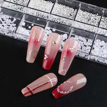 Dornail 1 Box/12 Grids Nail Art White Pearls for Nails Half Round Pearl Beads Nail Charms,Small Stainless Steel Beads Caviar Beads White Flatback Pearls for Women Nail Decoration DIY Nail Art Crafts