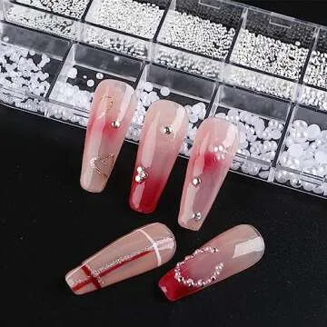 Dornail 1 Box/12 Grids Nail Art White Pearls for Nails Half Round Pearl Beads Nail Charms,Small Stainless Steel Beads Caviar Beads White Flatback Pearls for Women Nail Decoration DIY Nail Art Crafts