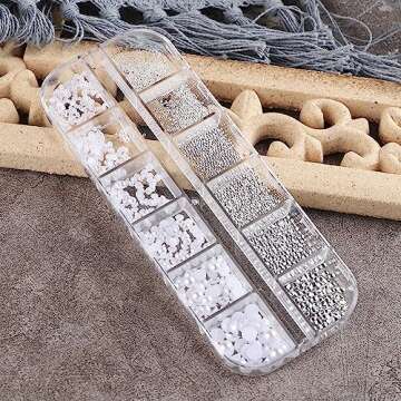 Dornail 1 Box/12 Grids Nail Art White Pearls for Nails Half Round Pearl Beads Nail Charms,Small Stainless Steel Beads Caviar Beads White Flatback Pearls for Women Nail Decoration DIY Nail Art Crafts