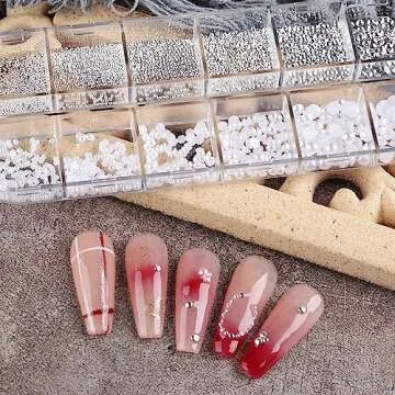 Dornail 1 Box/12 Grids Nail Art White Pearls for Nails Half Round Pearl Beads Nail Charms,Small Stainless Steel Beads Caviar Beads White Flatback Pearls for Women Nail Decoration DIY Nail Art Crafts