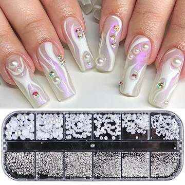 Dornail 1 Box/12 Grids Nail Art White Pearls for Nails Half Round Pearl Beads Nail Charms,Small Stainless Steel Beads Caviar Beads White Flatback Pearls for Women Nail Decoration DIY Nail Art Crafts