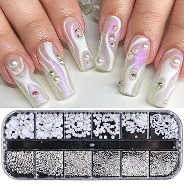 Dornail 1 Box/12 Grids Nail Art White Pearls for Nails Half Round Pearl Beads Nail Charms,Small Stainless Steel Beads Caviar Beads White Flatback Pearls for Women Nail Decoration DIY Nail Art Crafts
