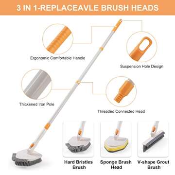 3 in 1 Shower Scrubber Cleaning Brush with Long Handle, 50'' Tub and Tile Grout Scrub Brush Stiff Br...