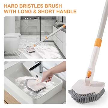 3 in 1 Shower Scrubber Cleaning Brush with Long Handle, 50'' Tub and Tile Grout Scrub Brush Stiff Bristles Lock in Place Scrub Brush Head for Bathroom Kitchen Wall Floor Bathtub Sink Glass - Upgrade