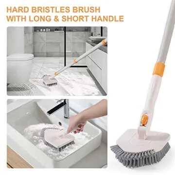 3 in 1 Shower Scrubber Cleaning Brush with Long Handle, 50'' Tub and Tile Grout Scrub Brush Stiff Bristles Lock in Place Scrub Brush Head for Bathroom Kitchen Wall Floor Bathtub Sink Glass - Upgrade