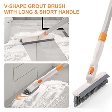 3 in 1 Shower Scrubber Cleaning Brush with Long Handle, 50'' Tub and Tile Grout Scrub Brush Stiff Bristles Lock in Place Scrub Brush Head for Bathroom Kitchen Wall Floor Bathtub Sink Glass - Upgrade