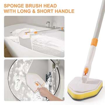 3 in 1 Shower Scrubber Cleaning Brush with Long Handle, 50'' Tub and Tile Grout Scrub Brush Stiff Bristles Lock in Place Scrub Brush Head for Bathroom Kitchen Wall Floor Bathtub Sink Glass - Upgrade
