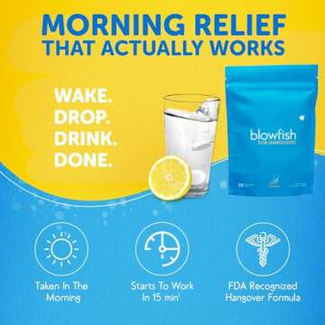 Blowfish for Hangovers - Fast Hangover Relief | FDA-Recognized Formulation - Guaranteed to Relieve Hangover Symptoms in 15 Minutes | Perfect for Weddings and Vacation Essentials | 20 Tablets