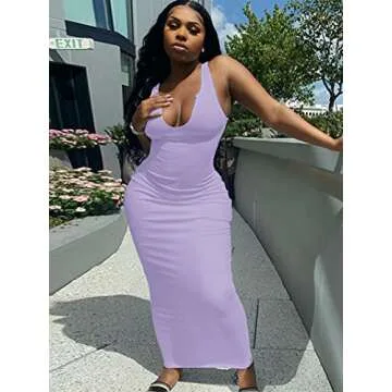 Women Casual Summer Bodycon Maxi Tank Dress Light Purple