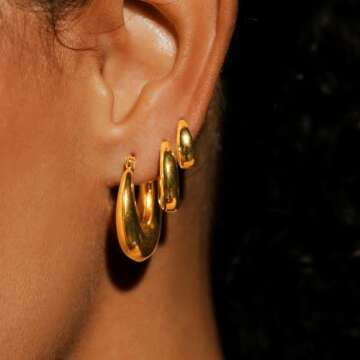 3 Pairs Chunky Gold Hoop Earrings Sets for Women 14k Gold Plated Dainty Hypoallergenic Lightweight T...