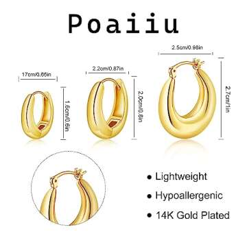 3 Pairs Chunky Gold Hoop Earrings Sets for Women 14k Gold Plated Dainty Hypoallergenic Lightweight Thick Huggie Earrings Trendy Jewelry for Women