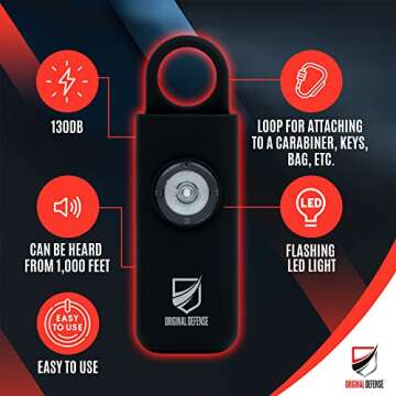 Original Defense® Siren Self-Defense Alarm - 130 dB Keychain Alarm with LED Strobe Light for Women,...