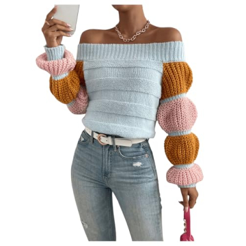 GORGLITTER Women's Off Shoulder Sweater Colorful Bishop Long Sleeve Pullover Tops Multicolor Large