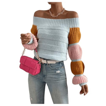 GORGLITTER Women's Off Shoulder Sweater Colorful Bishop Long Sleeve Pullover Tops Multicolor Large