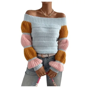 GORGLITTER Women's Off Shoulder Sweater Colorful Bishop Long Sleeve Pullover Tops Multicolor Large