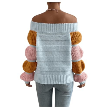 GORGLITTER Women's Off Shoulder Sweater Colorful Bishop Long Sleeve Pullover Tops Multicolor Large