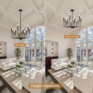 VBKK Modern Black Chandelier for Dining Room, 12-Light Farmhouse Industrial Adjustable Height Metal Candle Chandeliers Island Light Fixture, for Living Room Foyer Kitchen