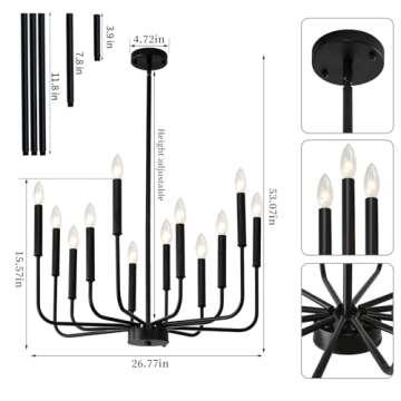 VBKK Modern Black Chandelier for Dining Room, 12-Light Farmhouse Industrial Adjustable Height Metal Candle Chandeliers Island Light Fixture, for Living Room Foyer Kitchen