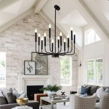 VBKK Modern Black Chandelier for Dining Room, 12-Light Farmhouse Industrial Adjustable Height Metal Candle Chandeliers Island Light Fixture, for Living Room Foyer Kitchen