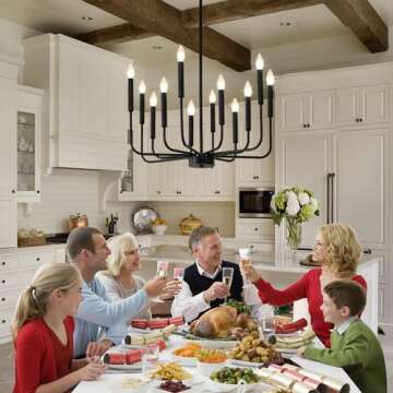 VBKK Modern Black Chandelier for Dining Room, 12-Light Farmhouse Industrial Adjustable Height Metal Candle Chandeliers Island Light Fixture, for Living Room Foyer Kitchen