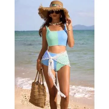 Herseas Women's Bikini Sets Smocked Padded Trendy Swimsuits High Waisted Bathing Suits Teen Color Block Cruise Outfits Large