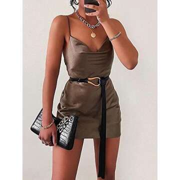 Just Quella Women Adjustable Straps Cowl Neck Satin Slip Mini Party Dress, Chocolate (XS CHN - 0-2 US)