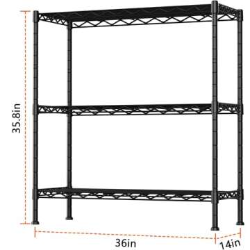 3-Shelf Adjustable Heavy Duty Storage Shelves,36" Wx14 Dx35.8 H Metal Organizer Wire Rack for Laundry Bathroom Kitchen Pantry Closet Garage Shelving Black