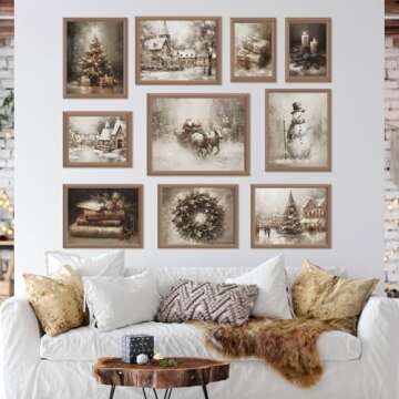 Whaline 10Pcs Christmas Vintage Wall Art Prints Retro Xmas Tree Santa Snowman Paper Posters Winter Rustic Picture Decoration For Party Gallery Living Room Office, Unframed