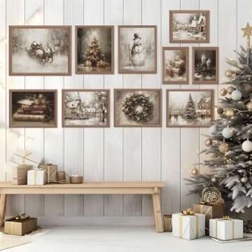 Whaline 10Pcs Christmas Vintage Wall Art Prints Retro Xmas Tree Santa Snowman Paper Posters Winter Rustic Picture Decoration For Party Gallery Living Room Office, Unframed