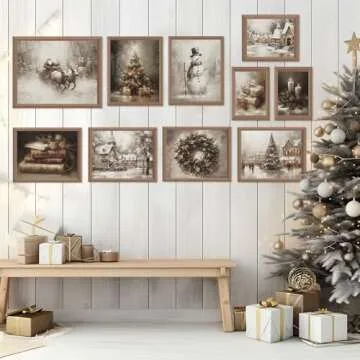 Whaline 10Pcs Christmas Vintage Wall Art Prints Retro Xmas Tree Santa Snowman Paper Posters Winter Rustic Picture Decoration For Party Gallery Living Room Office, Unframed